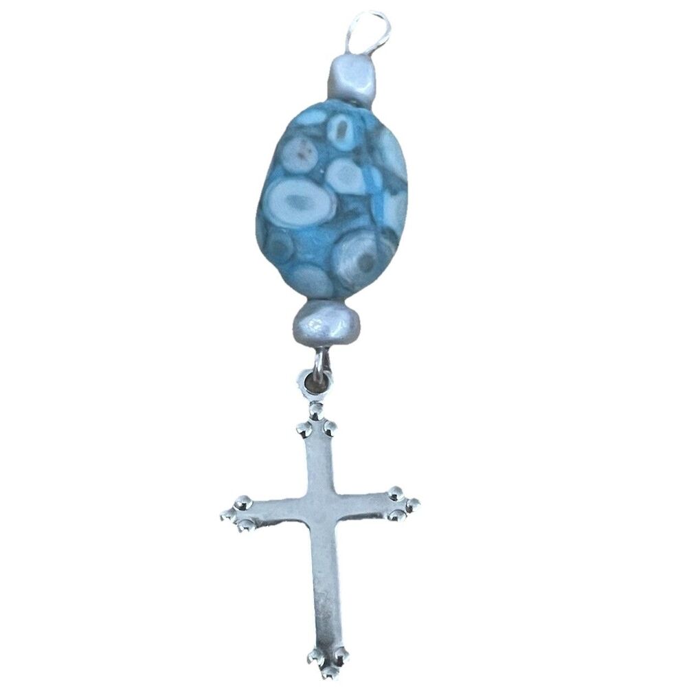 Vintage Ocean Jasper Cross Pendant Southwestern Silver Tone Boho Blue